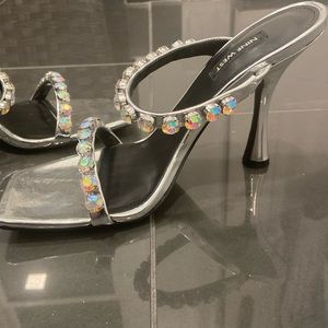 Nine West BNWT "Aria" Silver Heels Slide Sandals Sz 9 Crystal Stones
